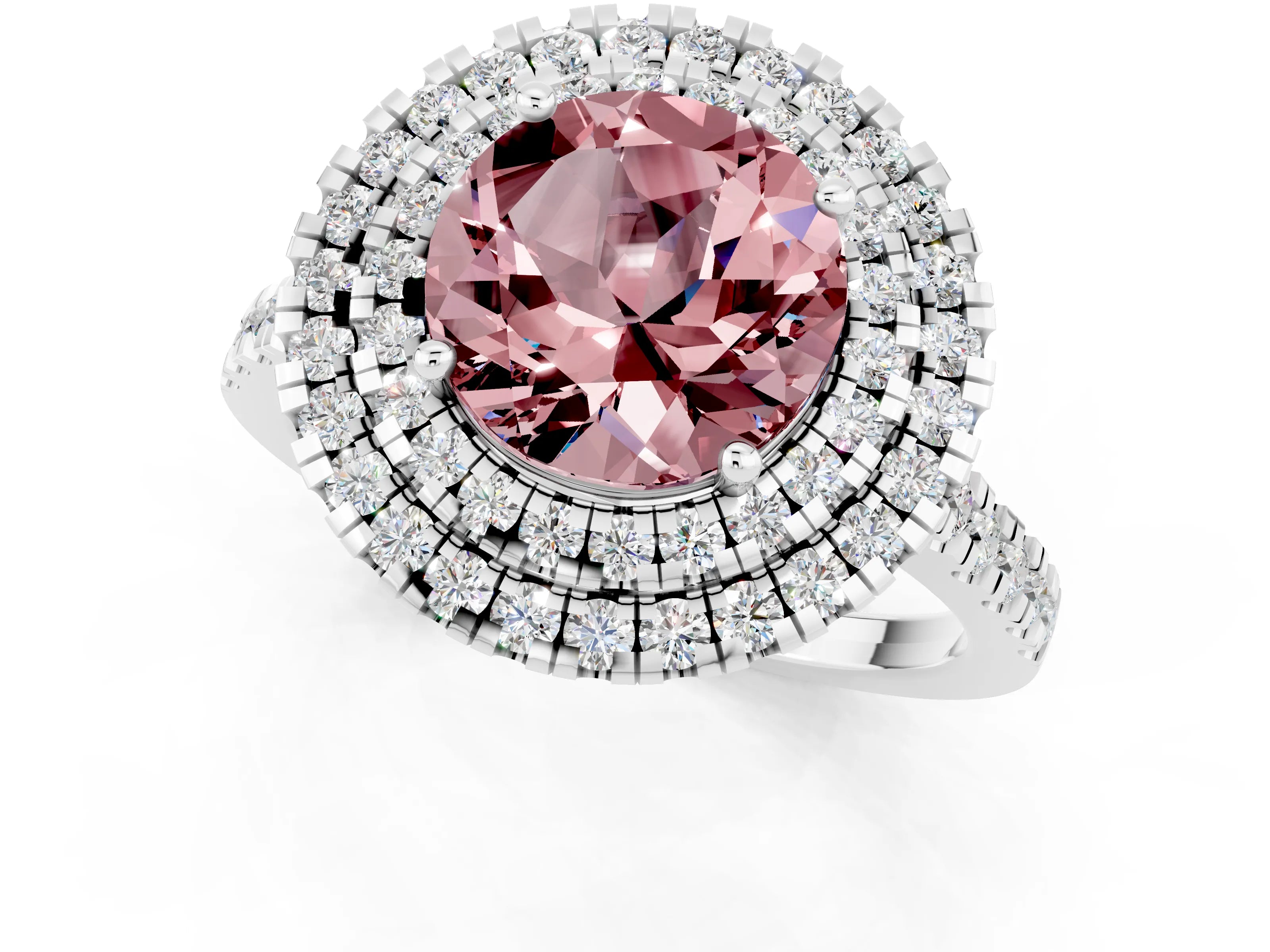 White gold Double Halo Round Cut Morganite Pavé Band with Four-Prong Setting_1
