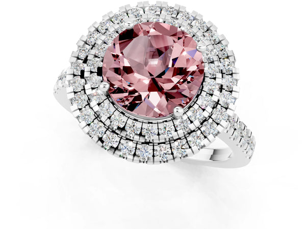 Platinum Double Halo Round Cut Morganite Pavé Band with Four-Prong Setting