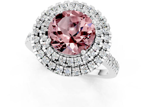 White gold Double Halo Round Cut Morganite Pavé Band with Four-Prong Setting_1