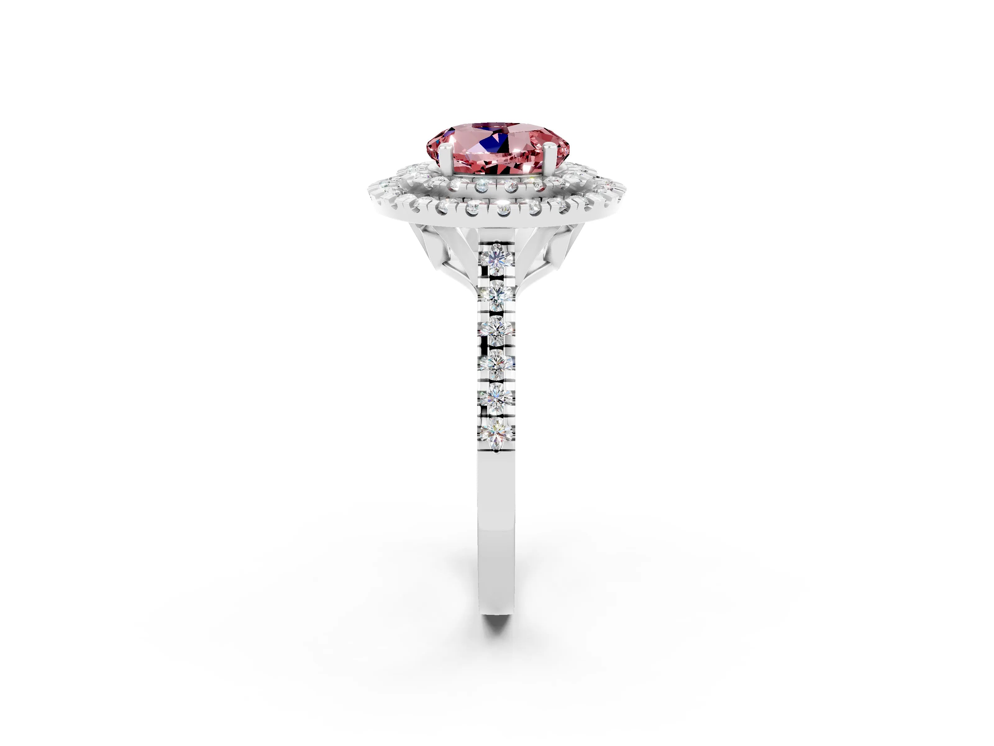White gold Double Halo Round Cut Morganite Pavé Band with Four-Prong Setting_2