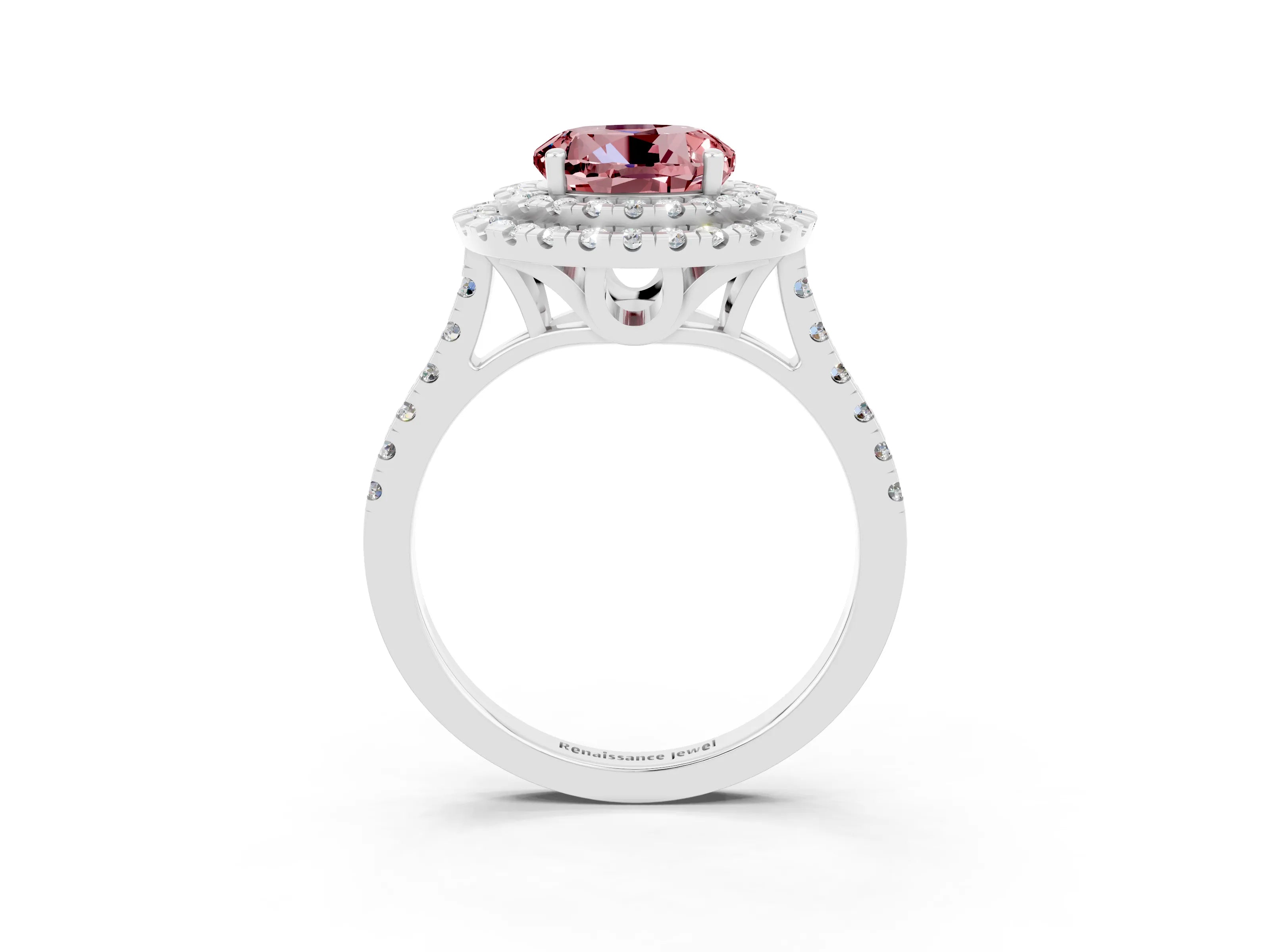 White gold Double Halo Round Cut Morganite Pavé Band with Four-Prong Setting_3