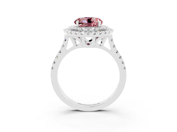 Silver Double Halo Round Cut Morganite Pavé Band with Four-Prong Setting