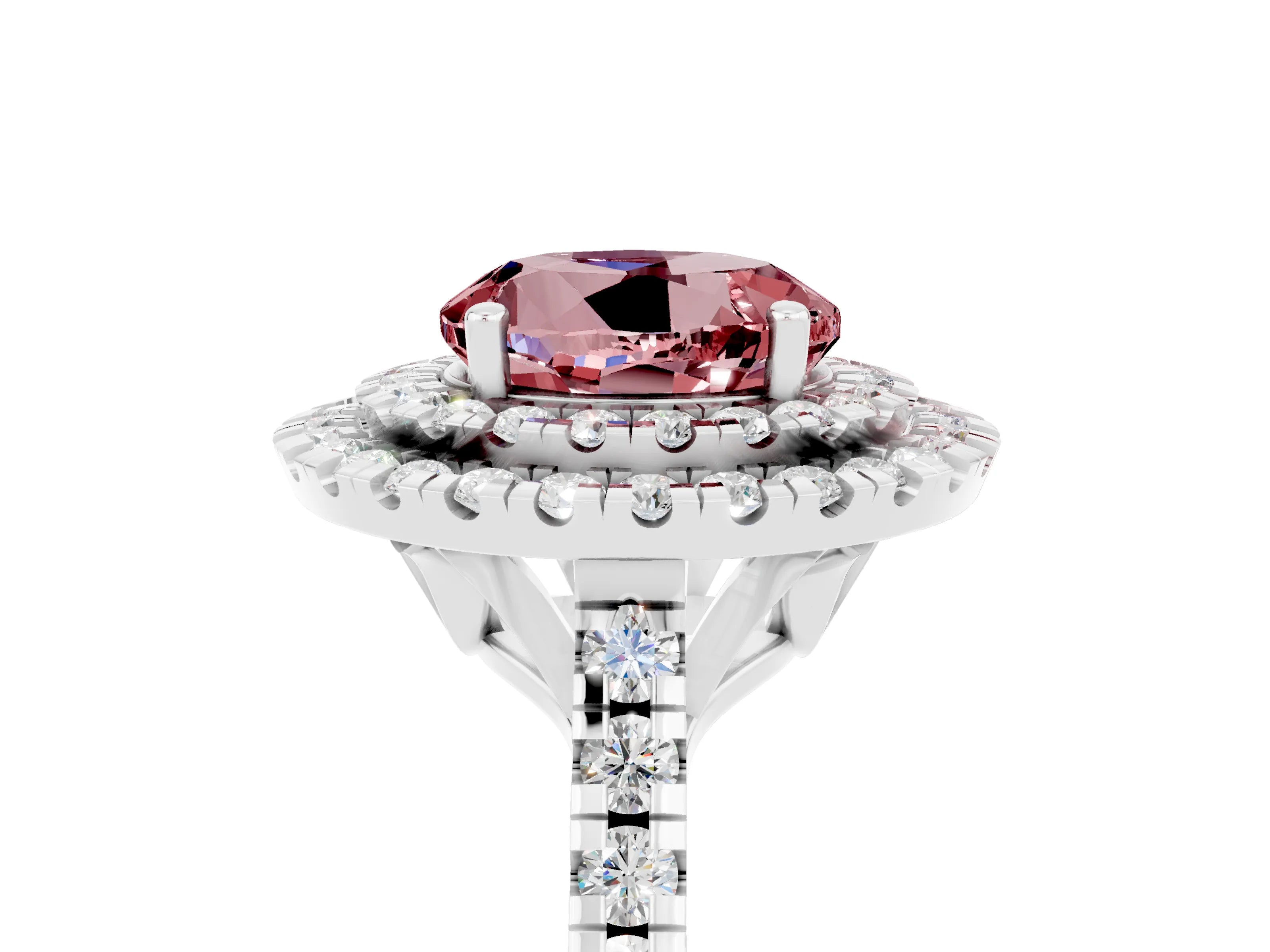 White gold Double Halo Round Cut Morganite Pavé Band with Four-Prong Setting_5