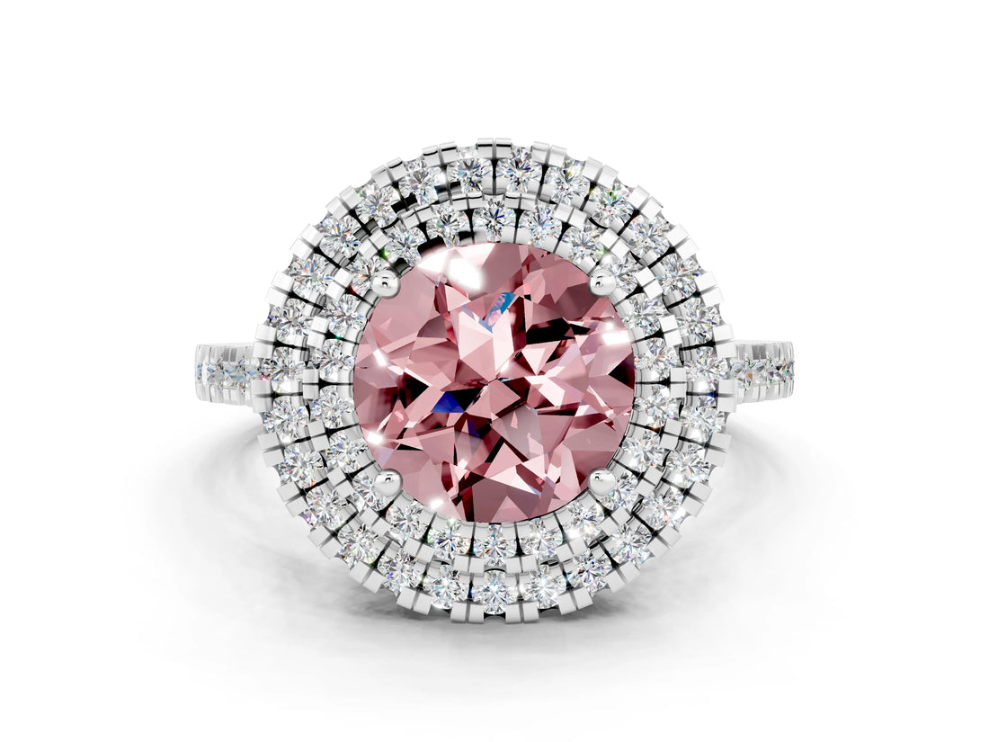 White gold Double Halo Round Cut Morganite Pavé Band with Four-Prong Setting