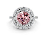 White gold Double Halo Round Cut Morganite Pavé Band with Four-Prong Setting