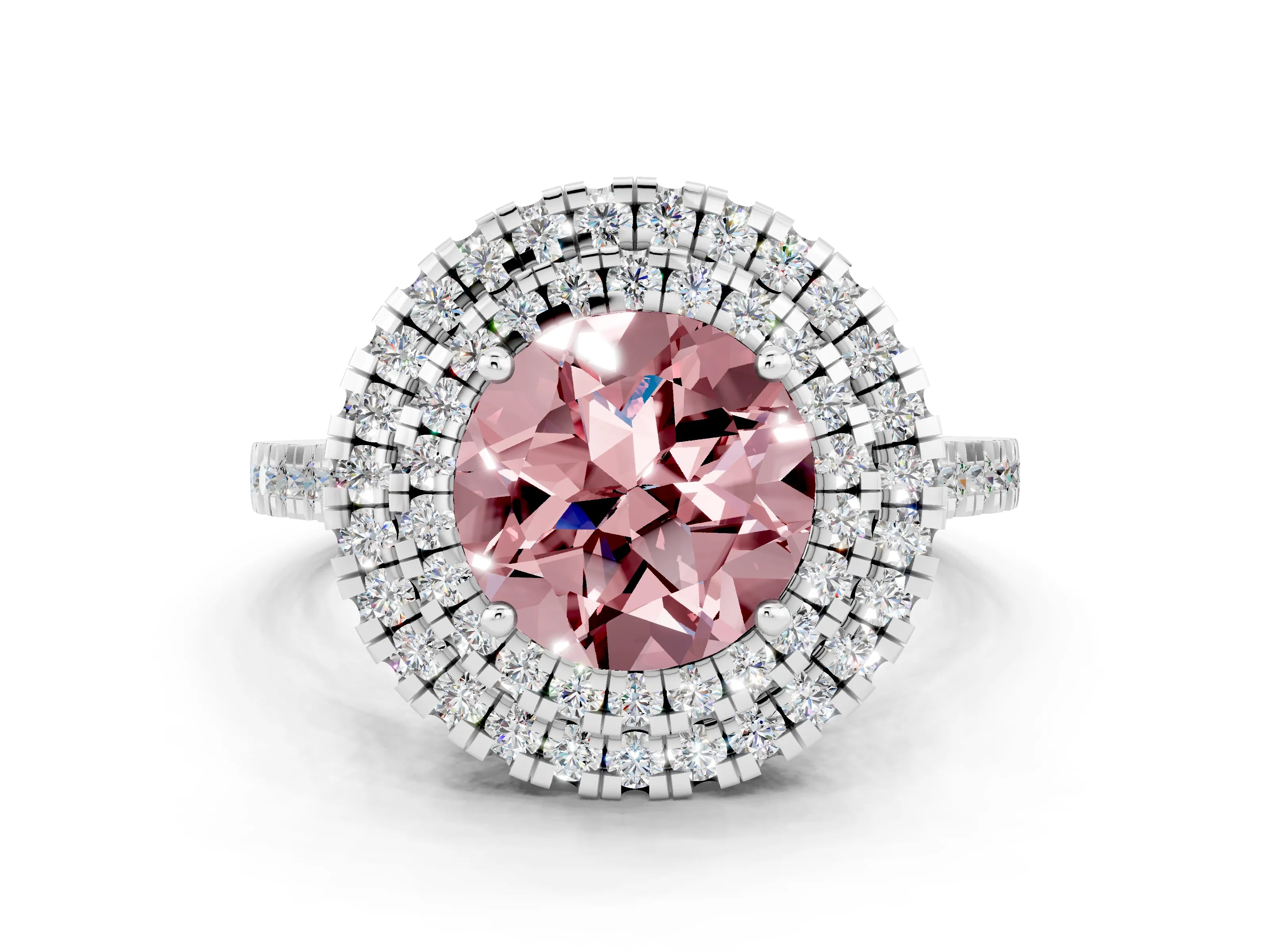 White gold Double Halo Round Cut Morganite Pavé Band with Four-Prong Setting