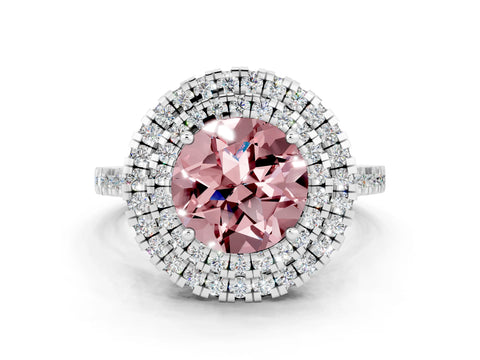 White gold Double Halo Round Cut Morganite Pavé Band with Four-Prong Setting