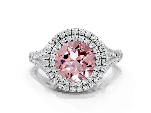 Platinum Double Halo Round Cut Morganite Pavé Split Shank Ring with Prong Setting