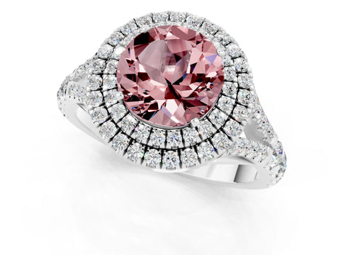 White gold Double Halo Round Cut Morganite Pavé Split Shank Ring with Prong Setting_1