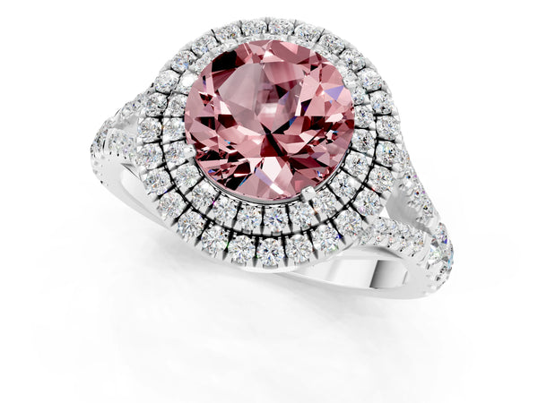 Silver Double Halo Round Cut Morganite Pavé Split Shank Ring with Prong Setting