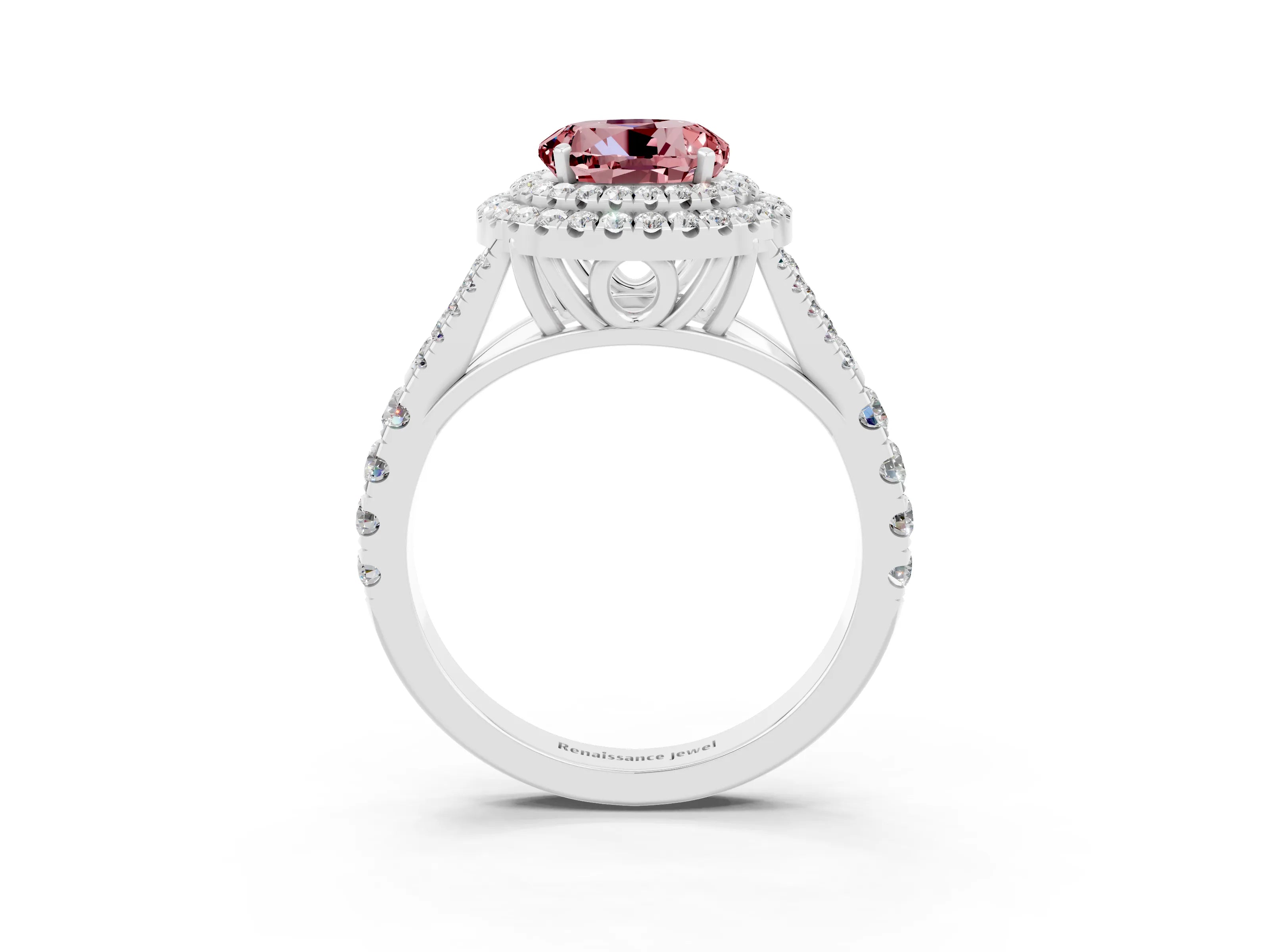 White gold Double Halo Round Cut Morganite Pavé Split Shank Ring with Prong Setting_3