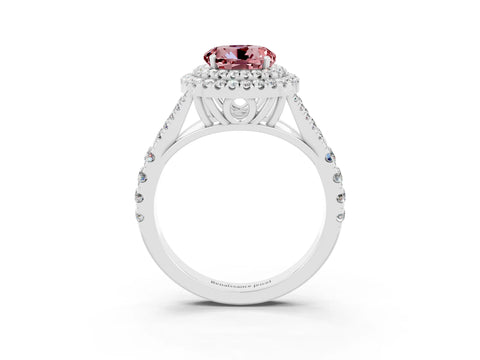 White gold Double Halo Round Cut Morganite Pavé Split Shank Ring with Prong Setting_3