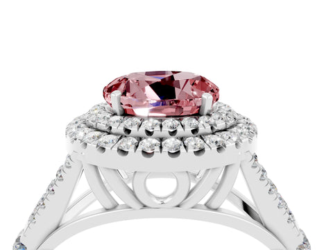 White gold Double Halo Round Cut Morganite Pavé Split Shank Ring with Prong Setting_4