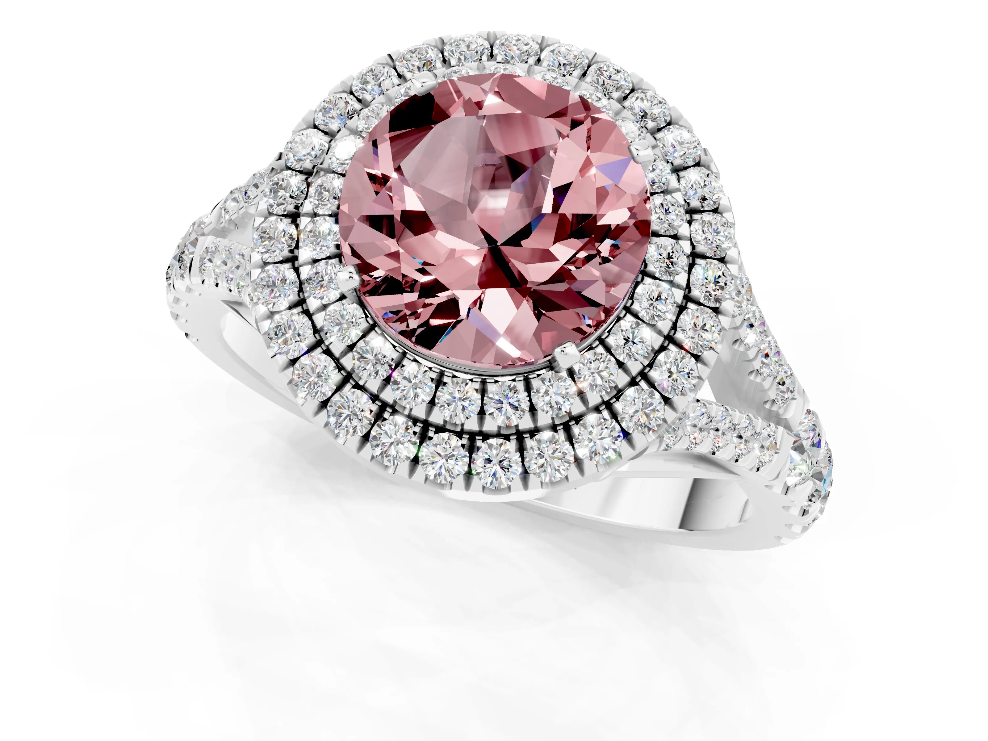 White gold Double Halo Round Cut Morganite Split Shank Engagement Ring with Four-Prong Setting_1