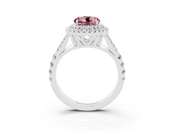 Silver Double Halo Round Cut Morganite Split Shank Engagement Ring with Four-Prong Setting