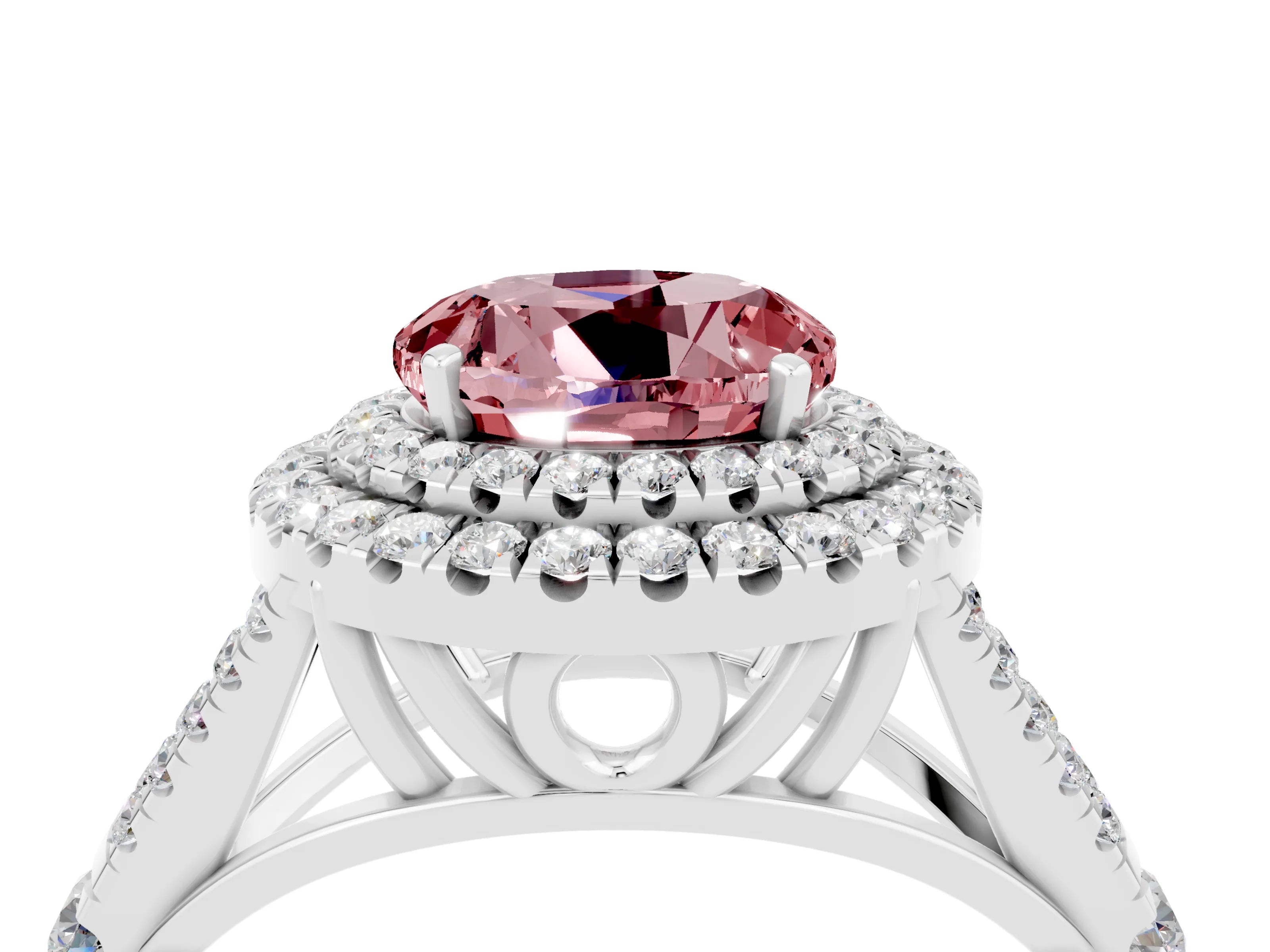 White gold Double Halo Round Cut Morganite Split Shank Engagement Ring with Four-Prong Setting_4