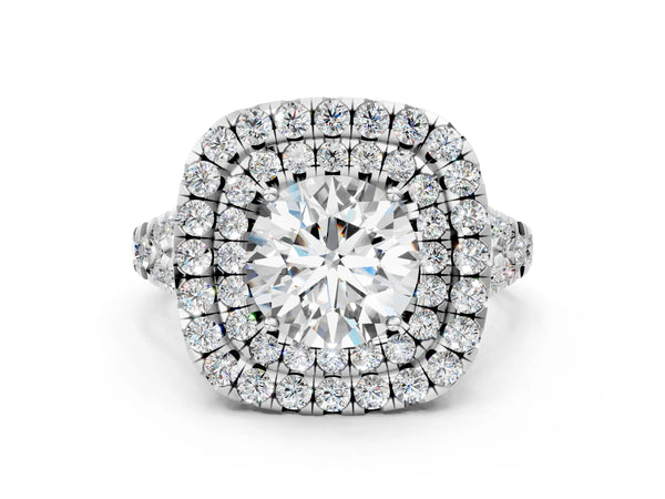 White gold Double Halo Round Cut Diamond Pavé Split Shank Ring with Prong Setting
