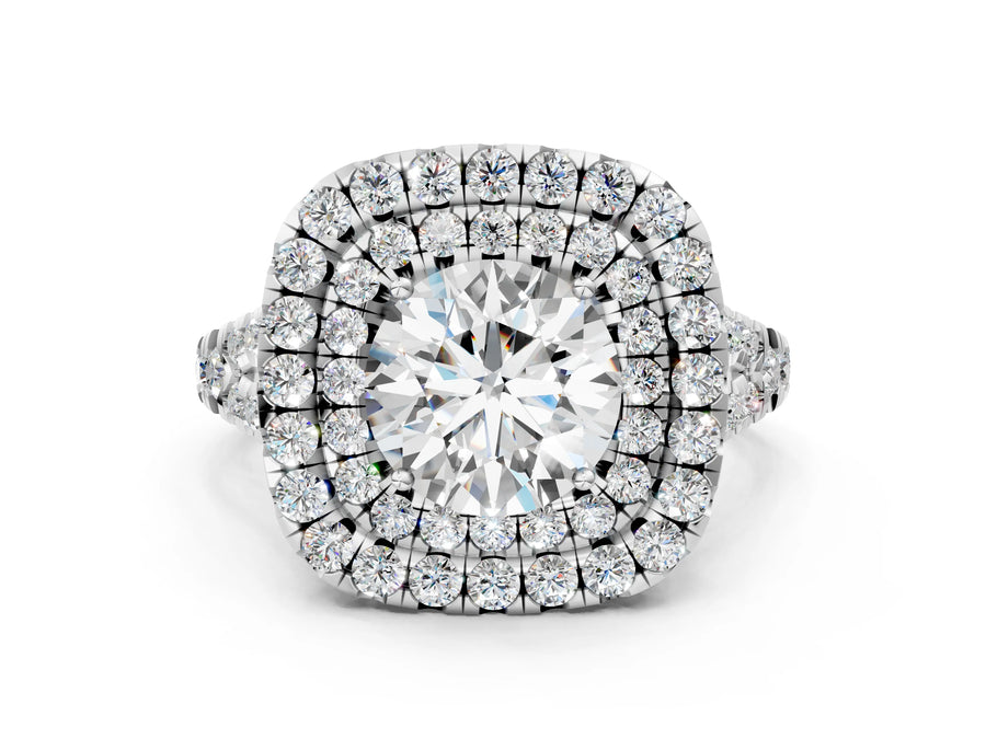 White gold Double Halo Round Cut Diamond Pavé Split Shank Ring with Prong Setting