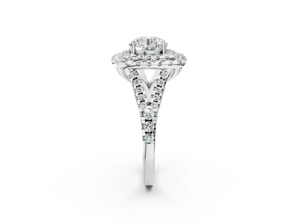 White gold Double Halo Round Cut Diamond Pavé Split Shank Ring with Prong Setting