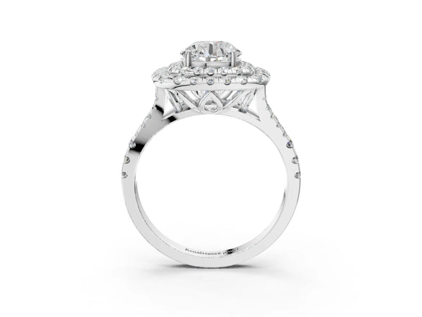 White gold Double Halo Round Cut Diamond Pavé Split Shank Ring with Prong Setting
