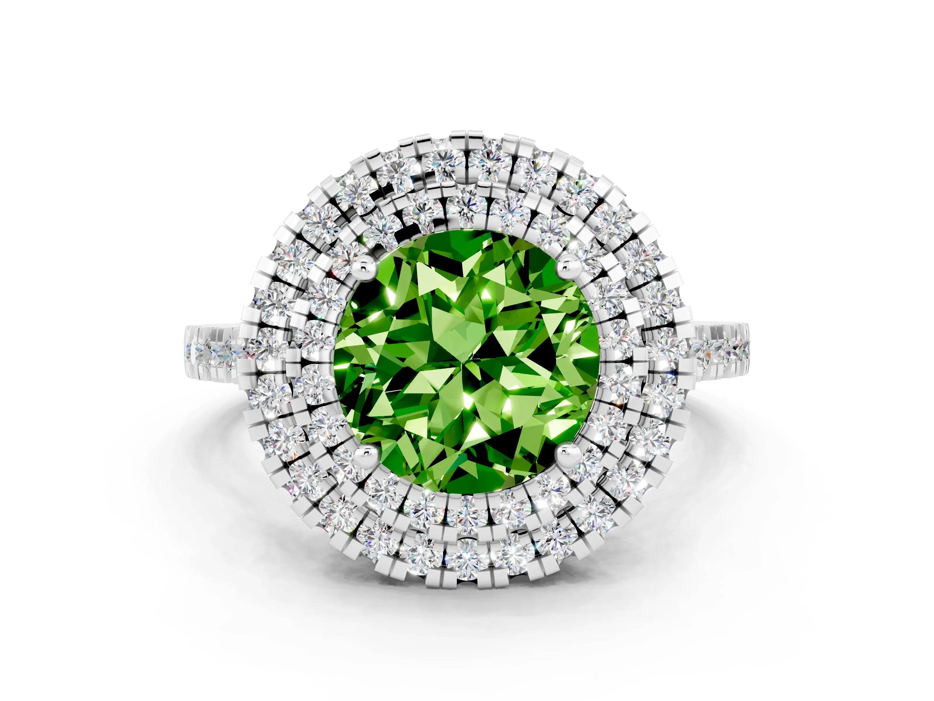 White gold Double Halo Round Cut Peridot Pavé Band with Four-Prong Setting