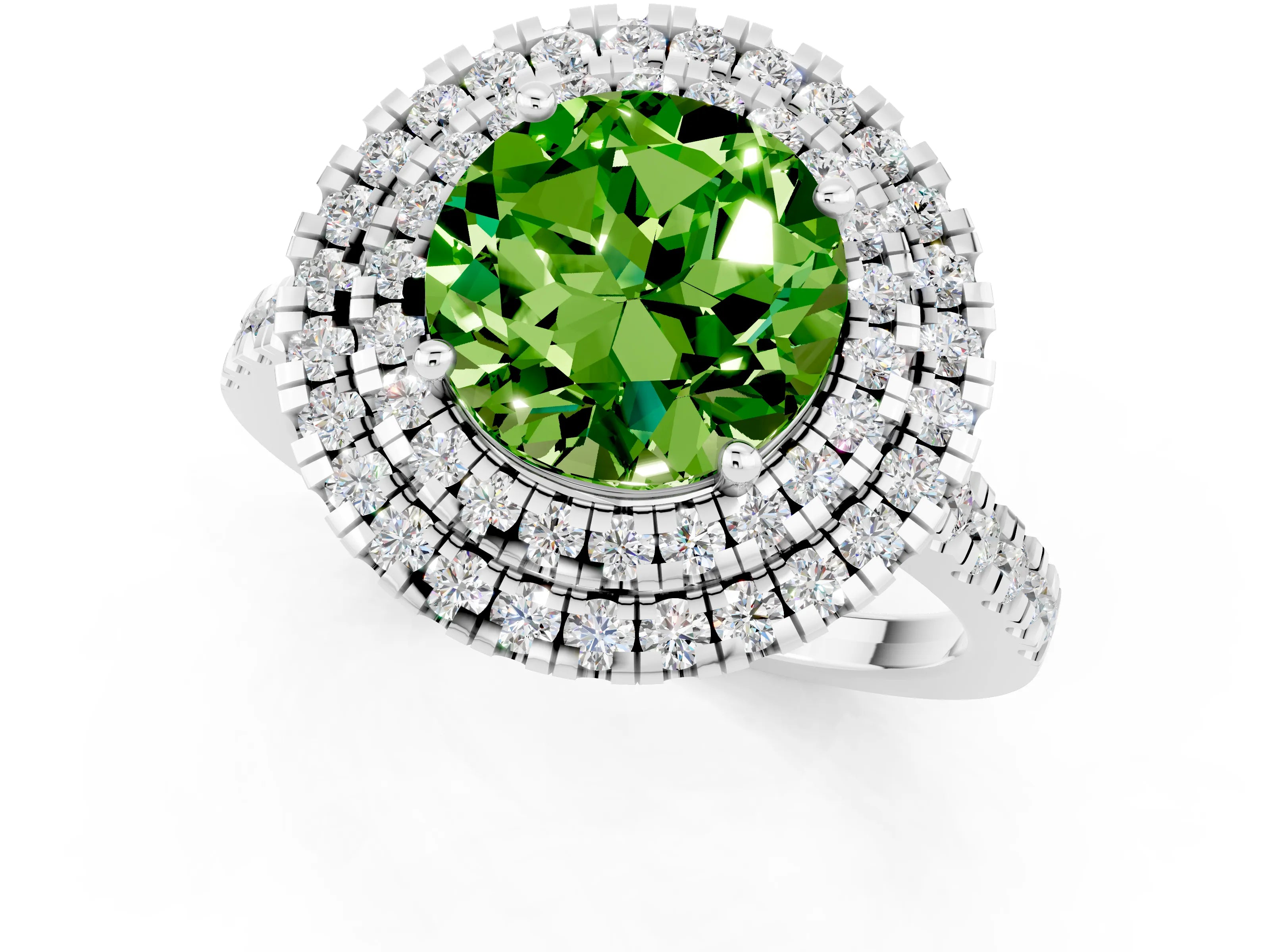 White gold Double Halo Round Cut Peridot Pavé Band with Four-Prong Setting_1