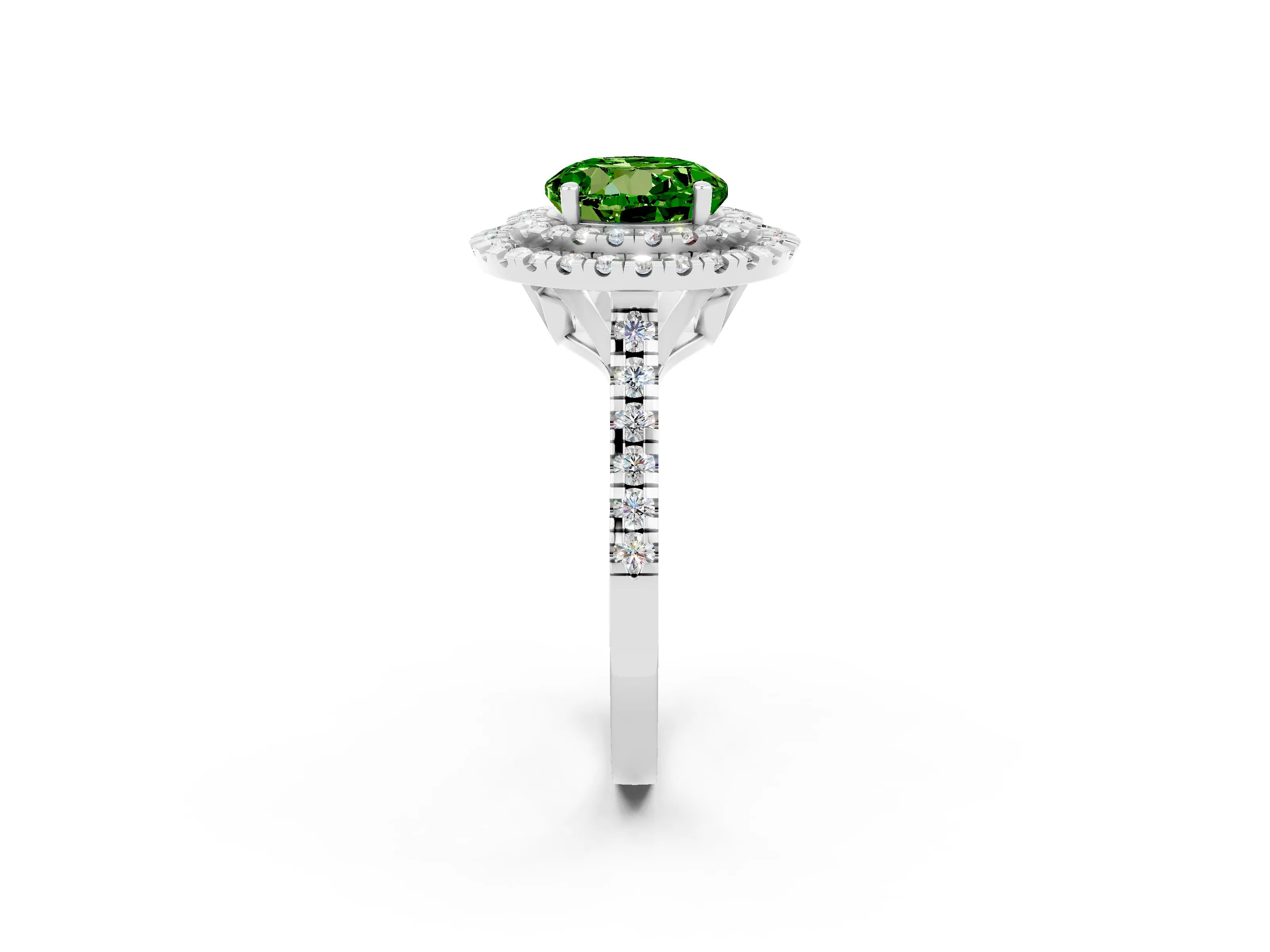 White gold Double Halo Round Cut Peridot Pavé Band with Four-Prong Setting_2