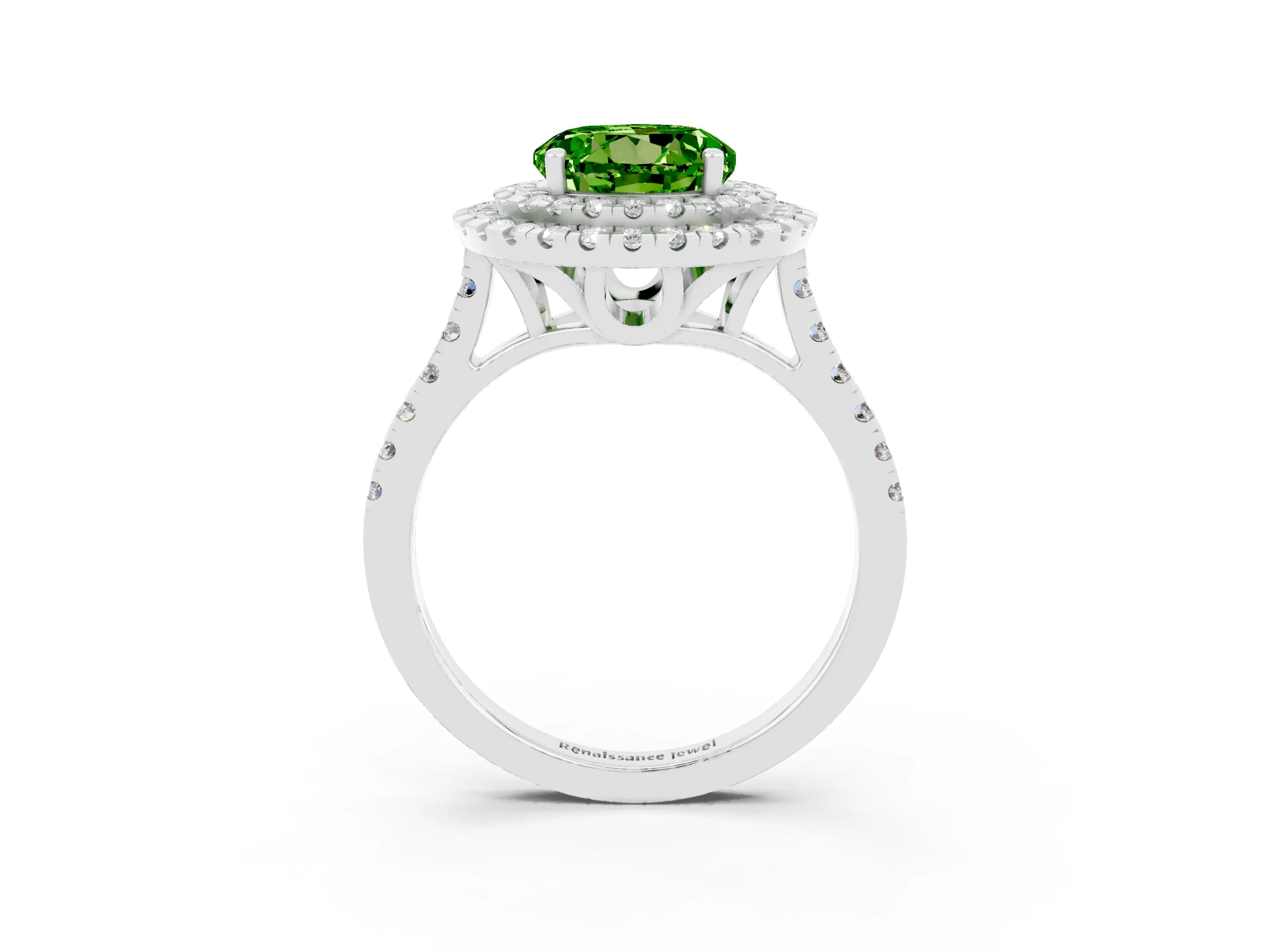 White gold Double Halo Round Cut Peridot Pavé Band with Four-Prong Setting_3