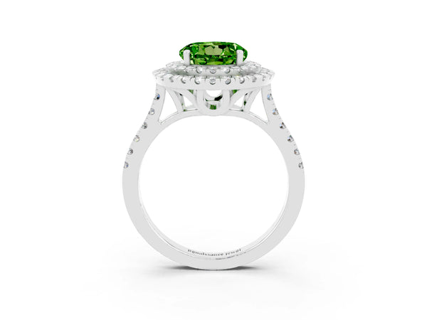 White gold Double Halo Round Cut Peridot Pavé Band with Four-Prong Setting