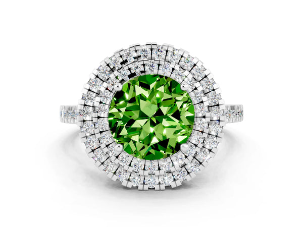 Silver Double Halo Round Cut Peridot Pavé Band with Four-Prong Setting
