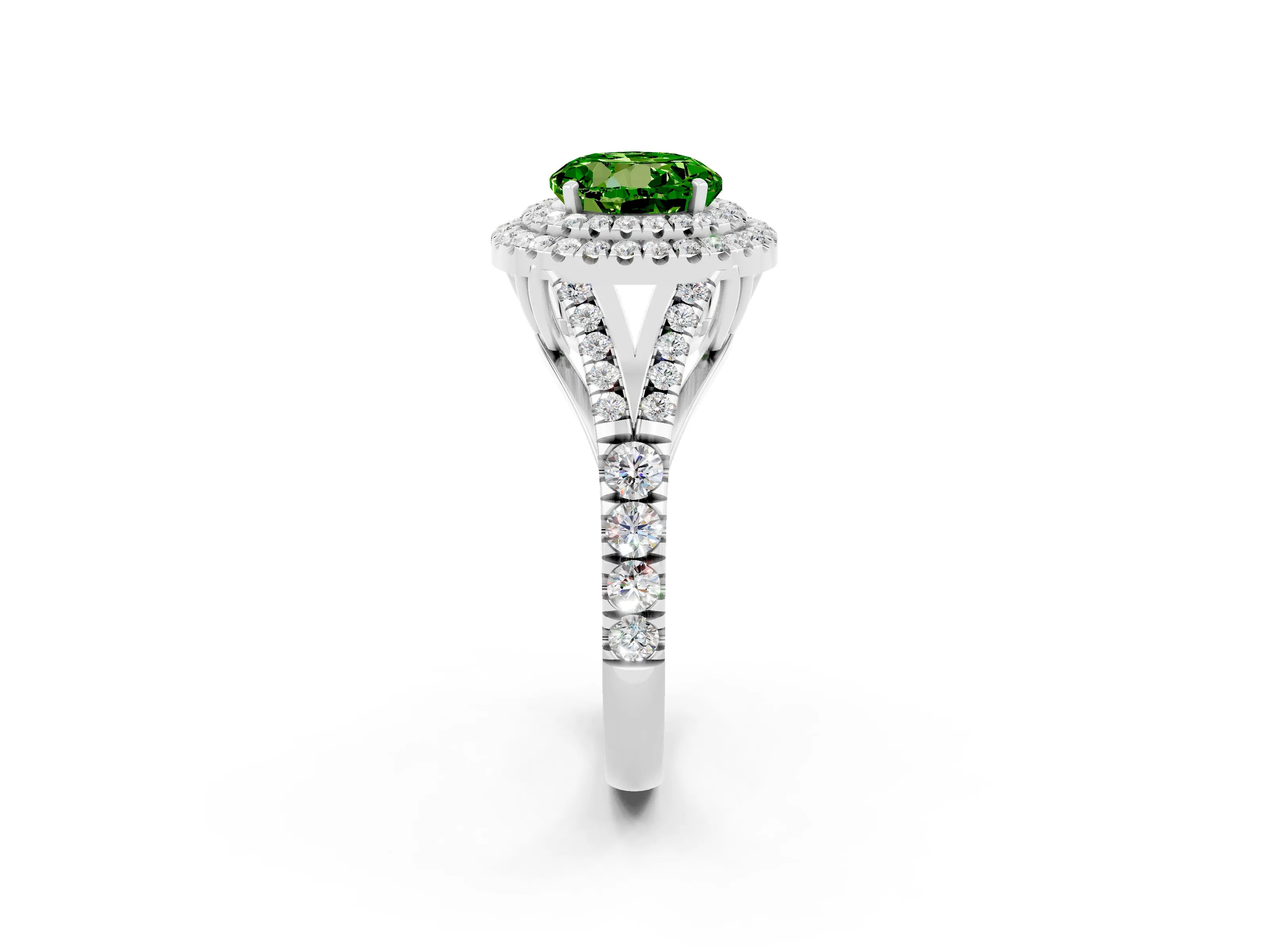 White gold Double Halo Round Cut Peridot Pavé Split Shank Ring with Prong Setting_2