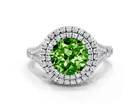 White gold Double Halo Round Cut Peridot Pavé Split Shank Ring with Prong Setting