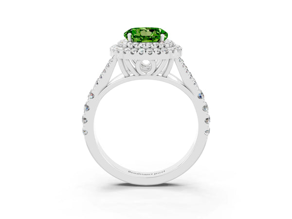Platinum Double Halo Round Cut Peridot Pavé Split Shank Ring with Prong Setting