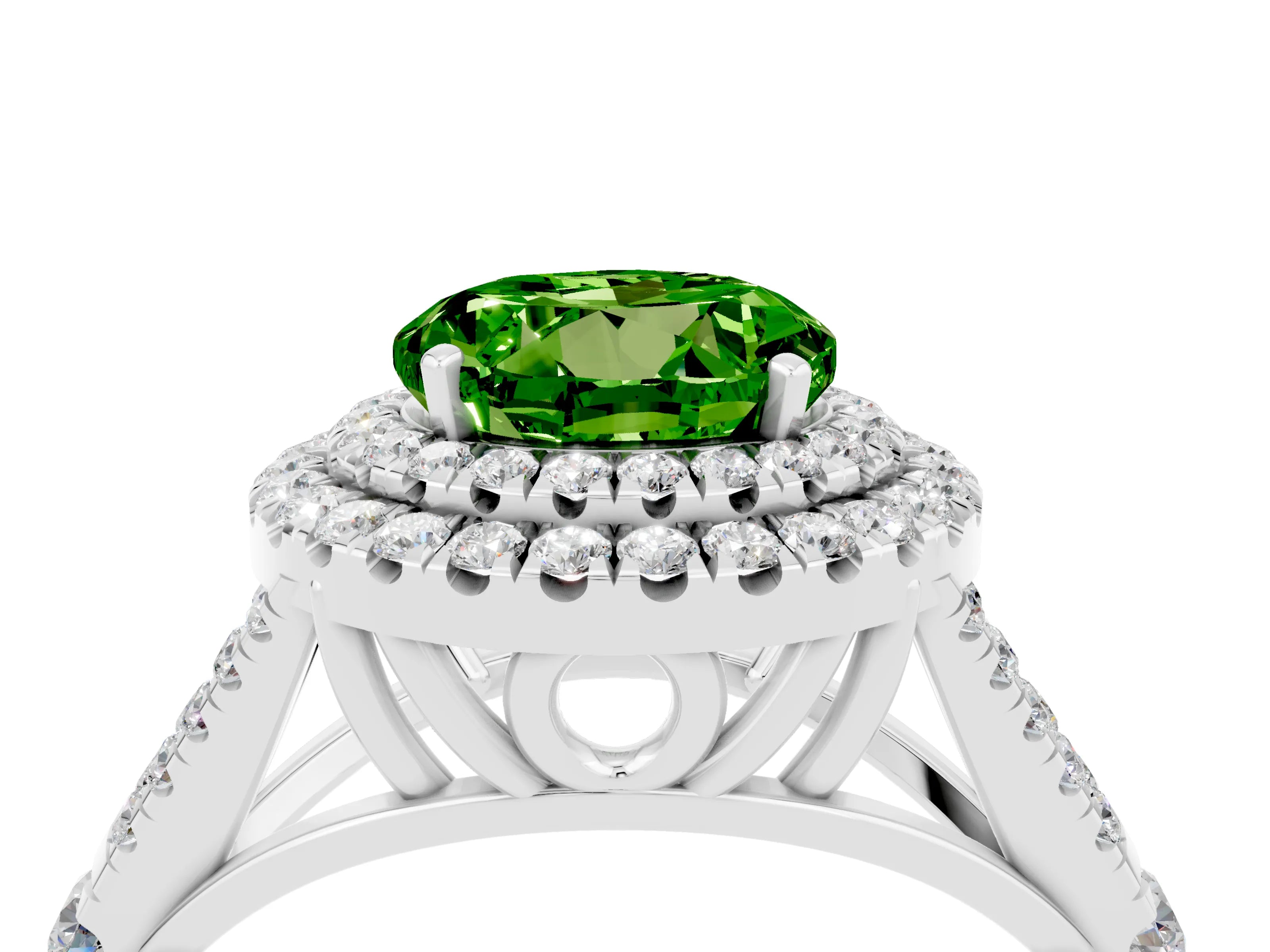 White gold Double Halo Round Cut Peridot Pavé Split Shank Ring with Prong Setting_4