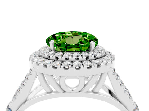 White gold Double Halo Round Cut Peridot Pavé Split Shank Ring with Prong Setting_4