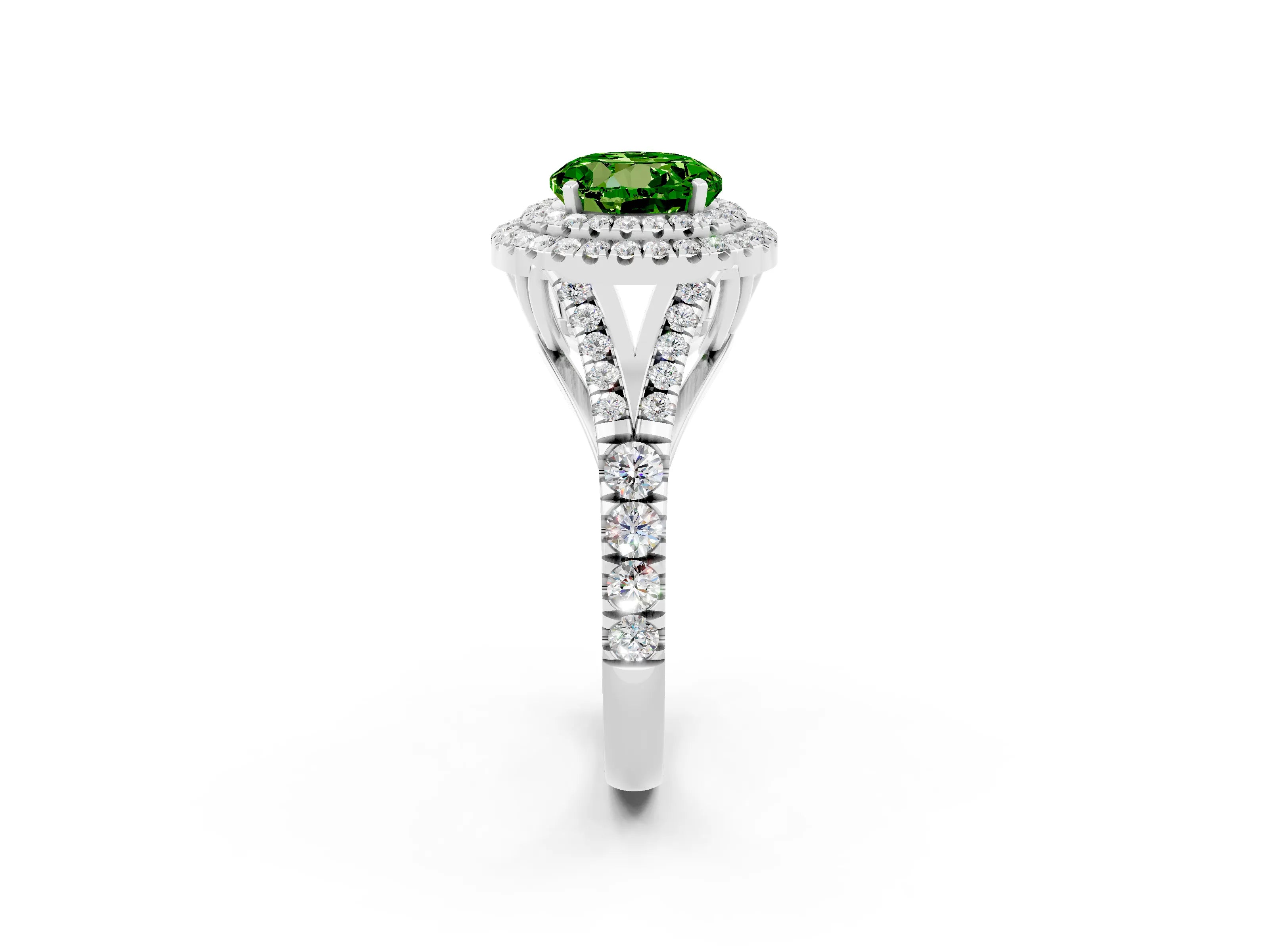 White gold Double Halo Round Cut Peridot Split Shank Engagement Ring with Four-Prong Setting_2