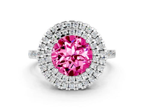 White gold Double Halo Round Cut Pink Sapphire Pavé Band with Four-Prong Setting_48