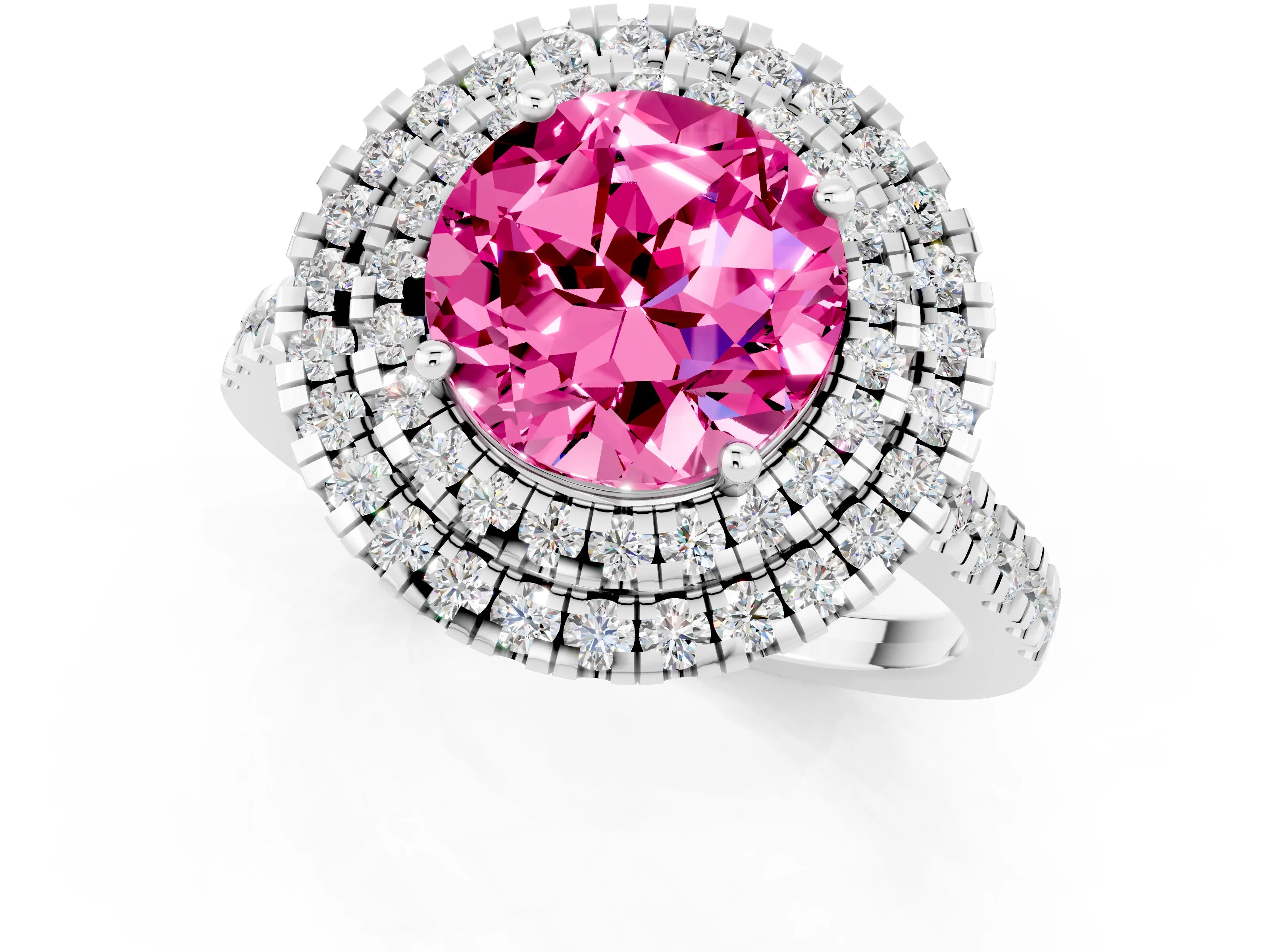 White gold Double Halo Round Cut Pink Sapphire Pavé Band with Four-Prong Setting_49
