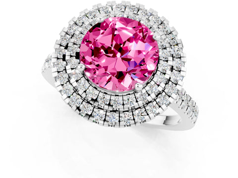 White gold Double Halo Round Cut Pink Sapphire Pavé Band with Four-Prong Setting_49