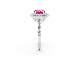 White gold Double Halo Round Cut Pink Sapphire Pavé Band with Four-Prong Setting_50