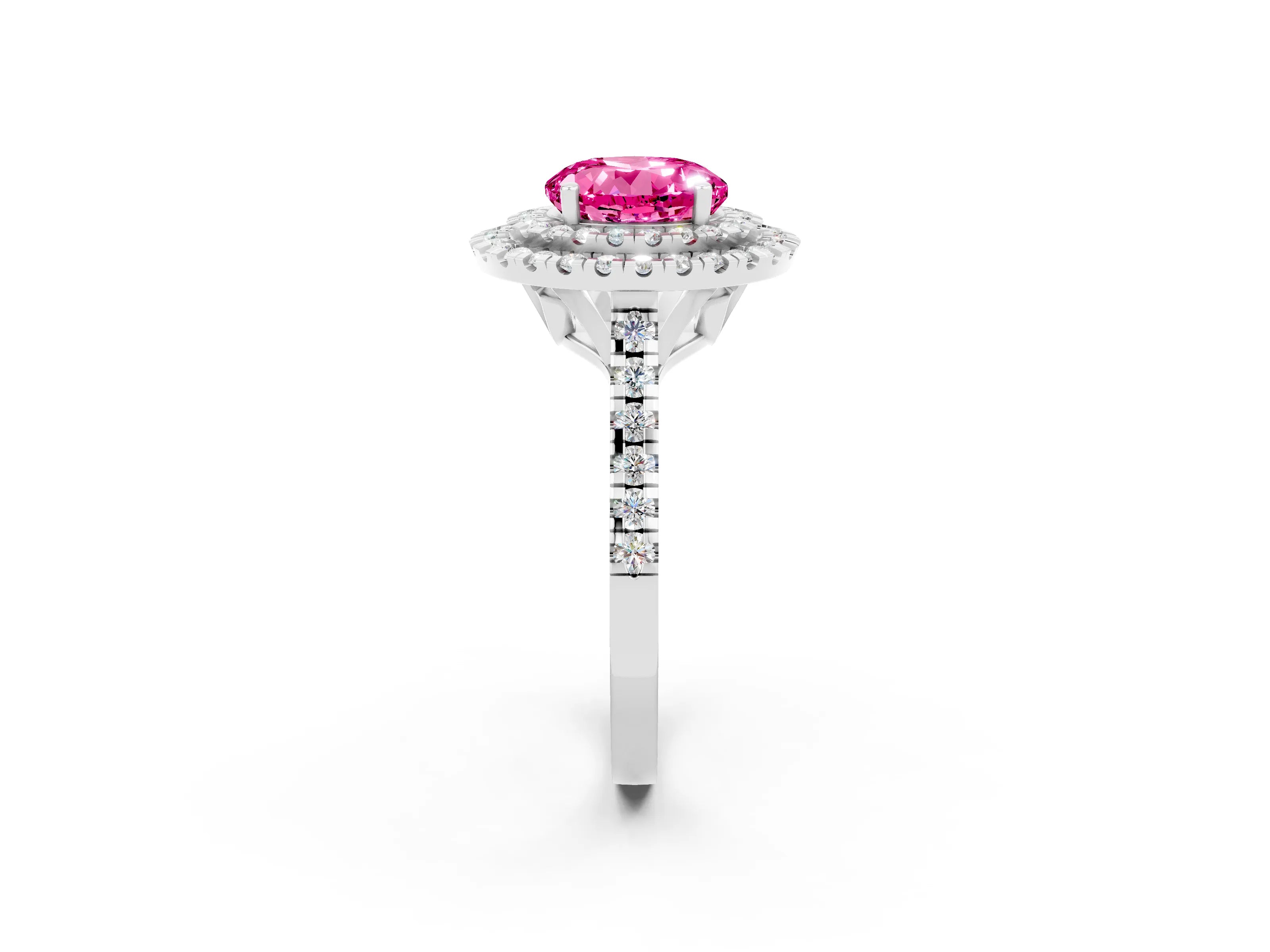 White gold Double Halo Round Cut Pink Sapphire Pavé Band with Four-Prong Setting_50