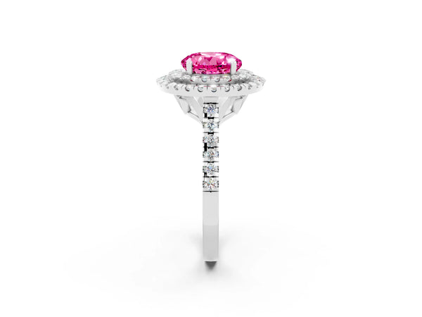White gold Double Halo Round Cut Pink Sapphire Pavé Band with Four-Prong Setting