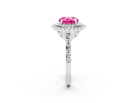 White gold Double Halo Round Cut Pink Sapphire Pavé Band with Four-Prong Setting_50