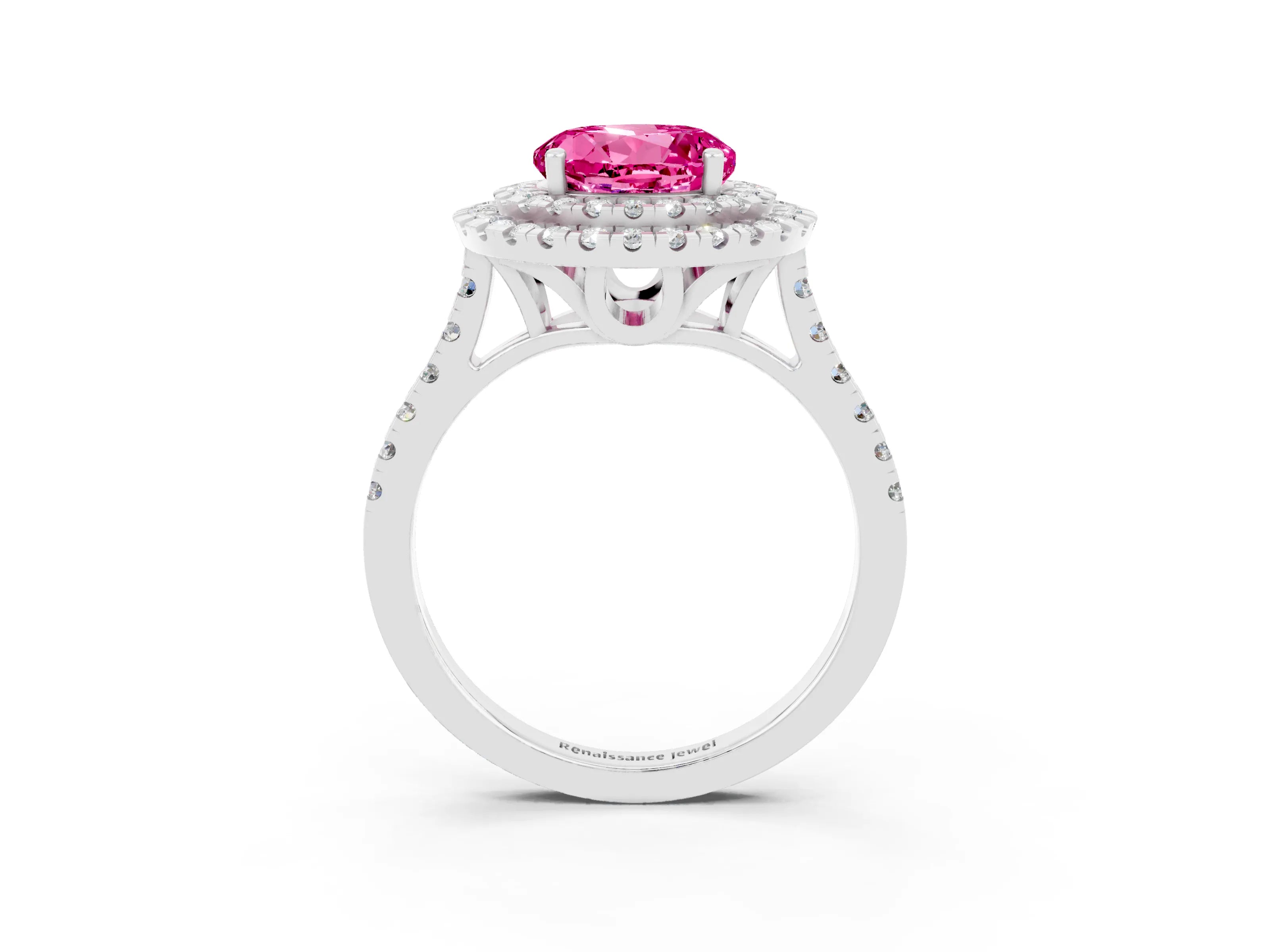 White gold Double Halo Round Cut Pink Sapphire Pavé Band with Four-Prong Setting_51