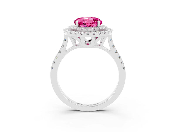 White gold Double Halo Round Cut Pink Sapphire Pavé Band with Four-Prong Setting