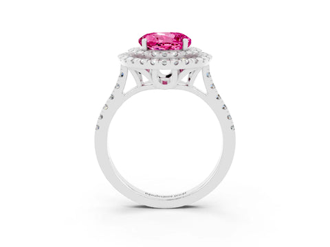 White gold Double Halo Round Cut Pink Sapphire Pavé Band with Four-Prong Setting_51