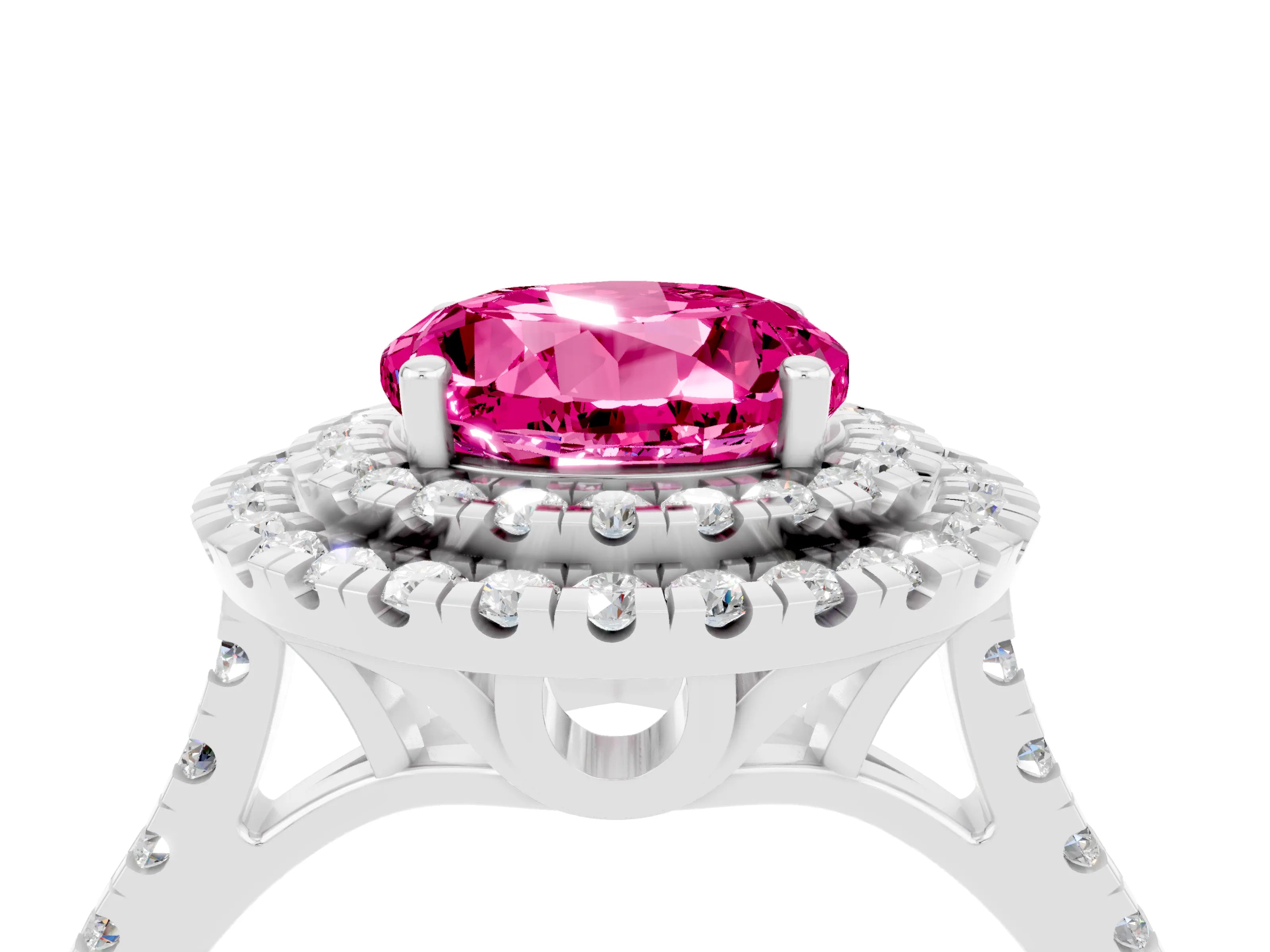 White gold Double Halo Round Cut Pink Sapphire Pavé Band with Four-Prong Setting_52