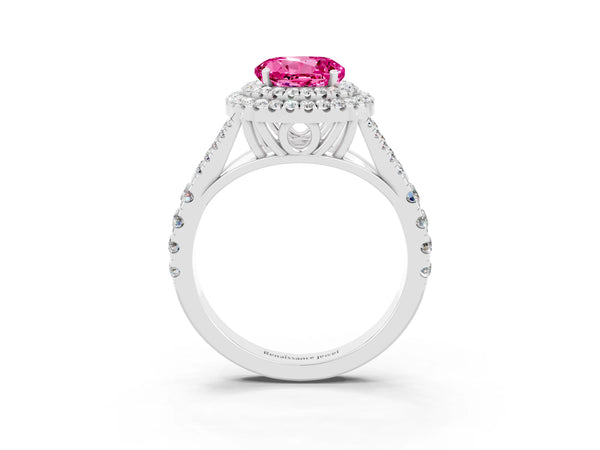 Platinum Double Halo Round Cut Pink Sapphire Pavé Split Shank Ring with Prong Setting