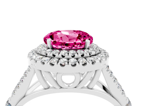 White gold Double Halo Round Cut Pink Sapphire Pavé Split Shank Ring with Prong Setting_4
