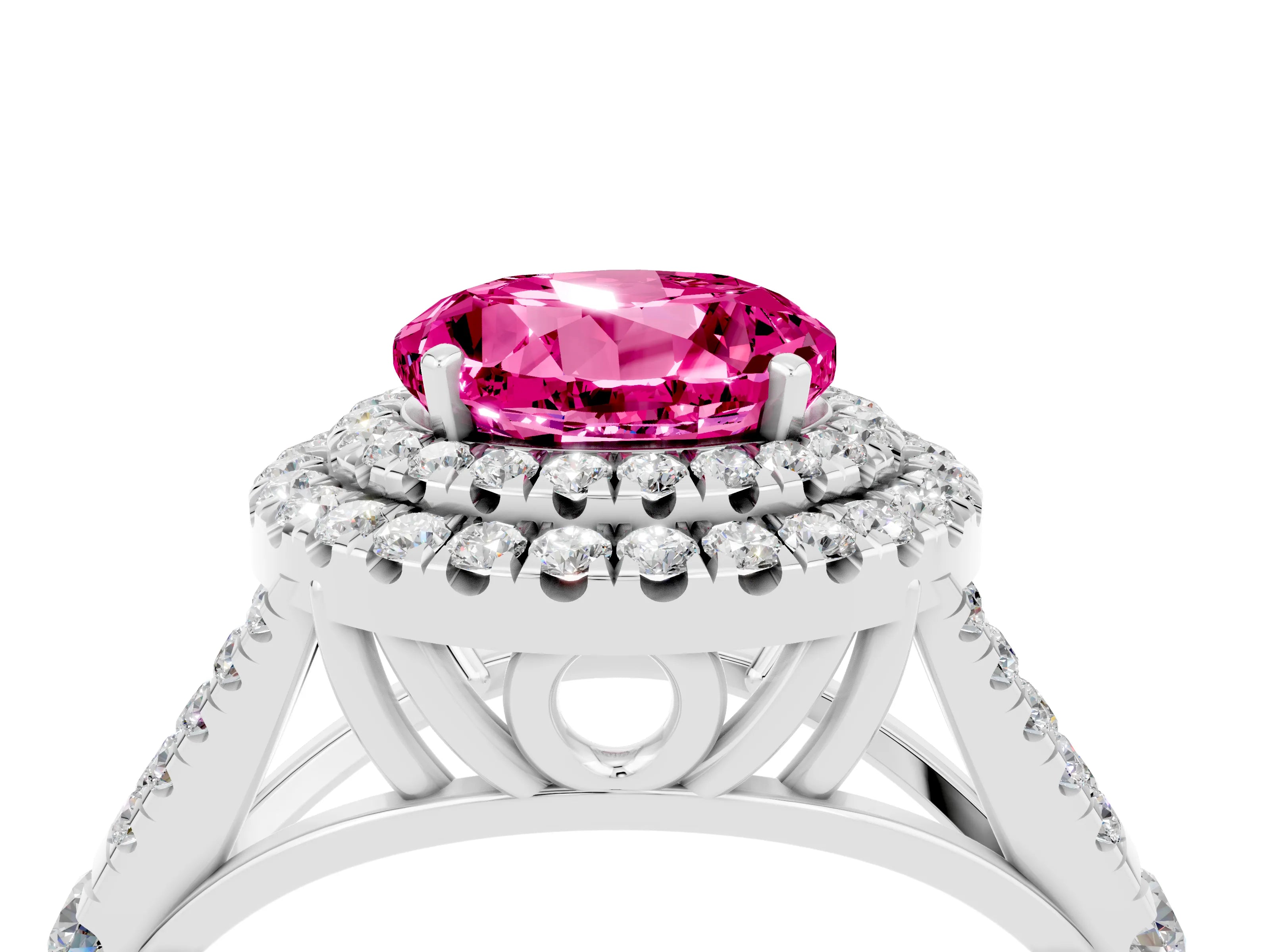 White gold Double Halo Round Cut Pink Sapphire Pavé Split Shank Ring with Prong Setting_4
